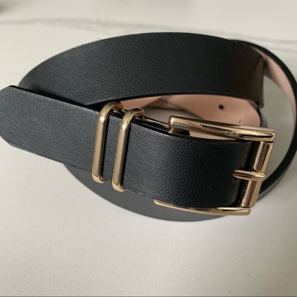 H&M Accessories H M Faux Leather Black Belt Gold Buckle Large